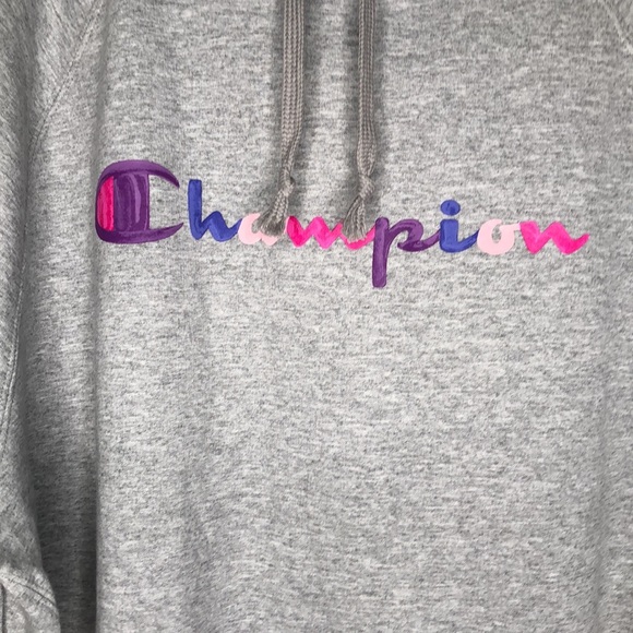 NWTs Champion heather gray powerblend fleece hoodie pink/purple/blue script logo - Picture 3 of 7